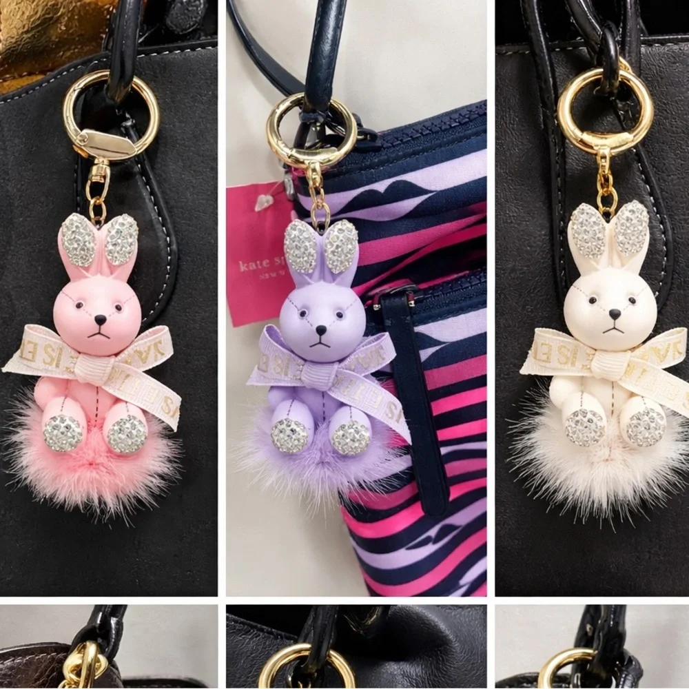 WHITE Bunny Pom Pom Keychain Bag Charm -
